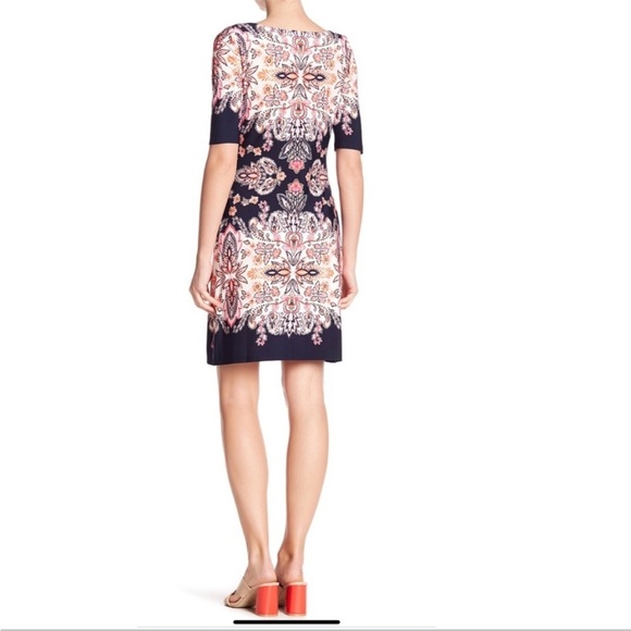 Eliza J | Multicolor Paisley & Floral Print Shift Midi Dress | Pink‎ Navy | 10 - Picture 2 of 12